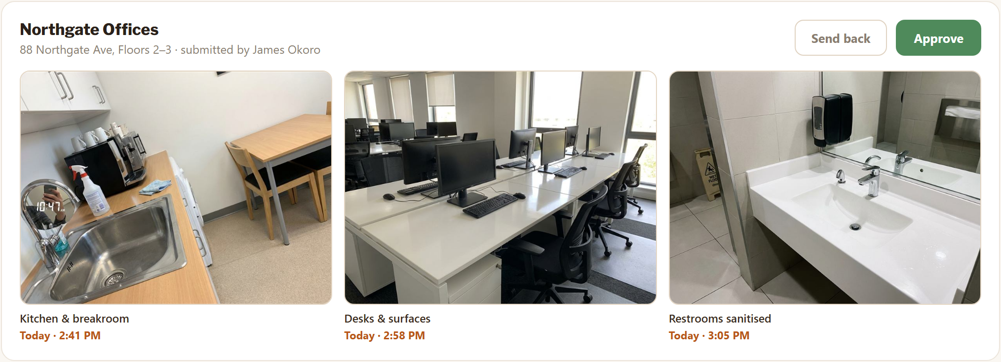 Review queue card for a submitted job: three checklist photos, each labeled with the exact time it was taken, with Send back and Approve buttons