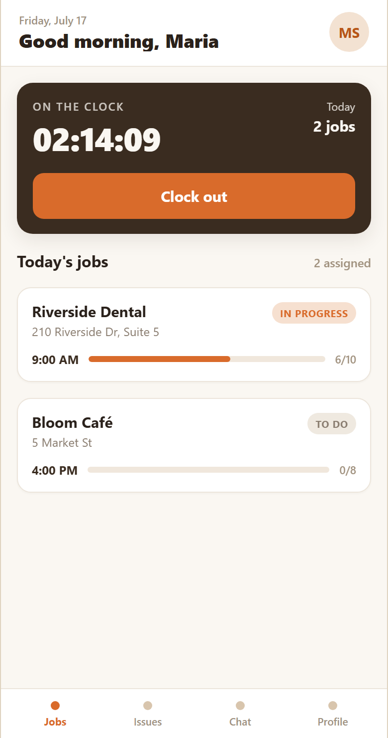 Crew app home screen: on-the-clock timer with a clock out button, and today's jobs with checklist progress